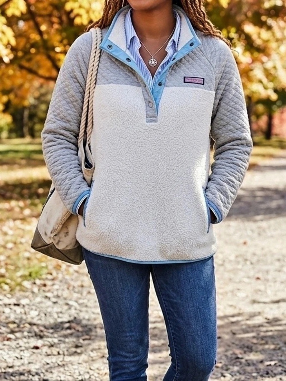vineyard vines Quilted Sherpa Snap Pullover Gray & Cream Medium
